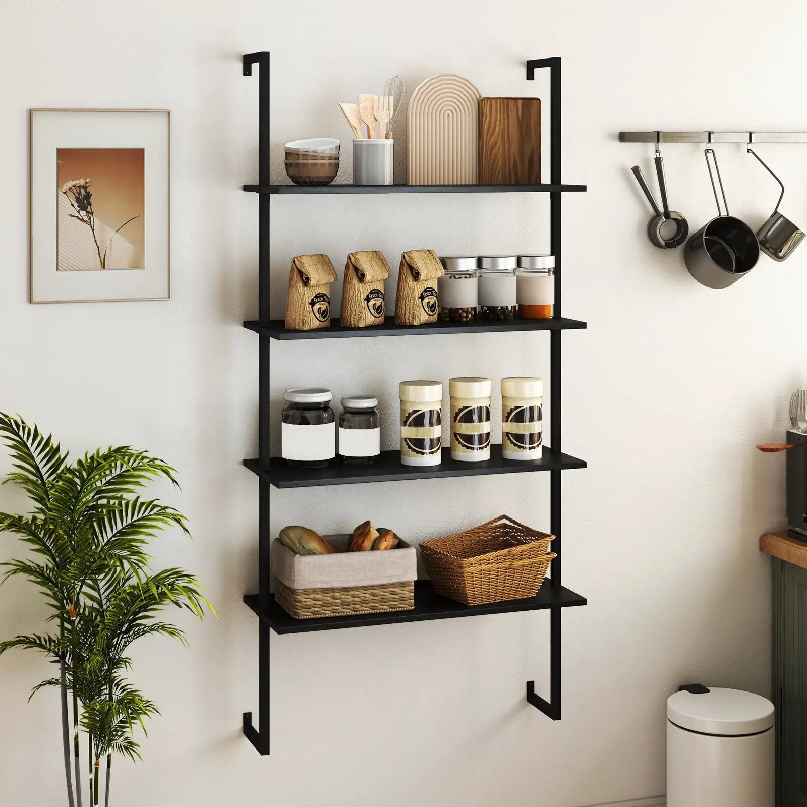4-Tier Ladder Shelf Open Wall Mounted Bookcase with Wooden Boards and Metal Frame-Black by DirectDeals