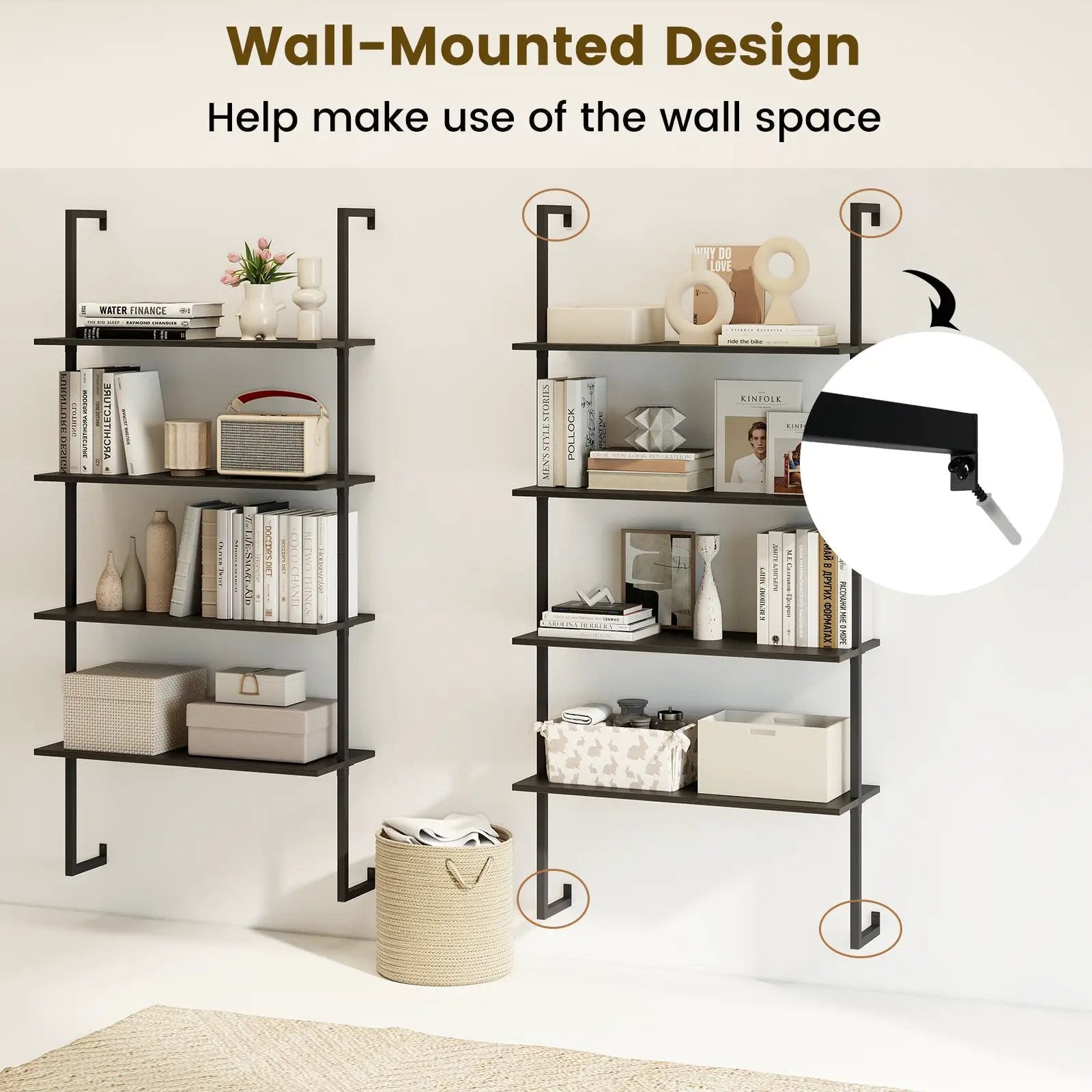 4-Tier Ladder Shelf Open Wall Mounted Bookcase with Wooden Boards and Metal Frame-Black by DirectDeals