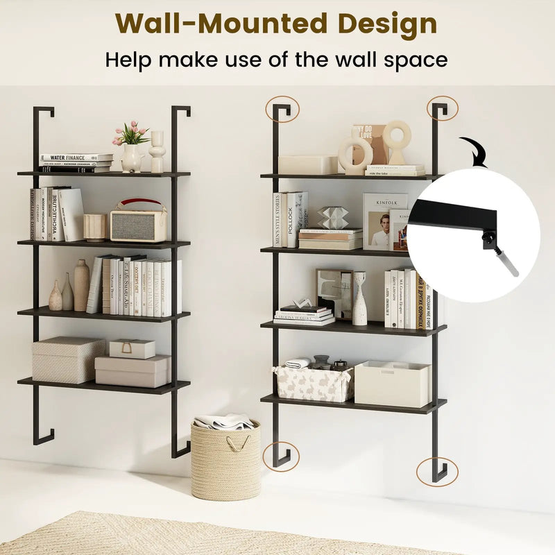 4-Tier Ladder Shelf Open Wall Mounted Bookcase with Wooden Boards and Metal Frame-Black by DirectDeals