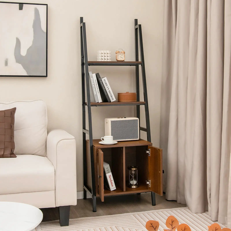 4-Tier Ladder Shelf with Cabinet and Metal Frame-Rustic Brown by DirectDeals