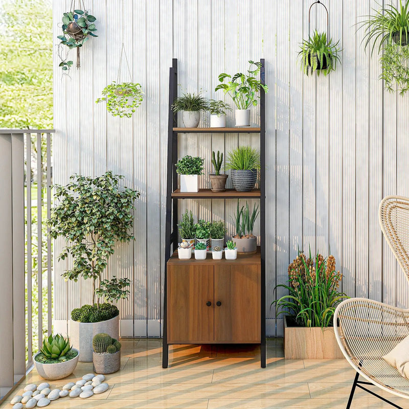 4-Tier Ladder Shelf with Cabinet and Metal Frame-Rustic Brown by DirectDeals