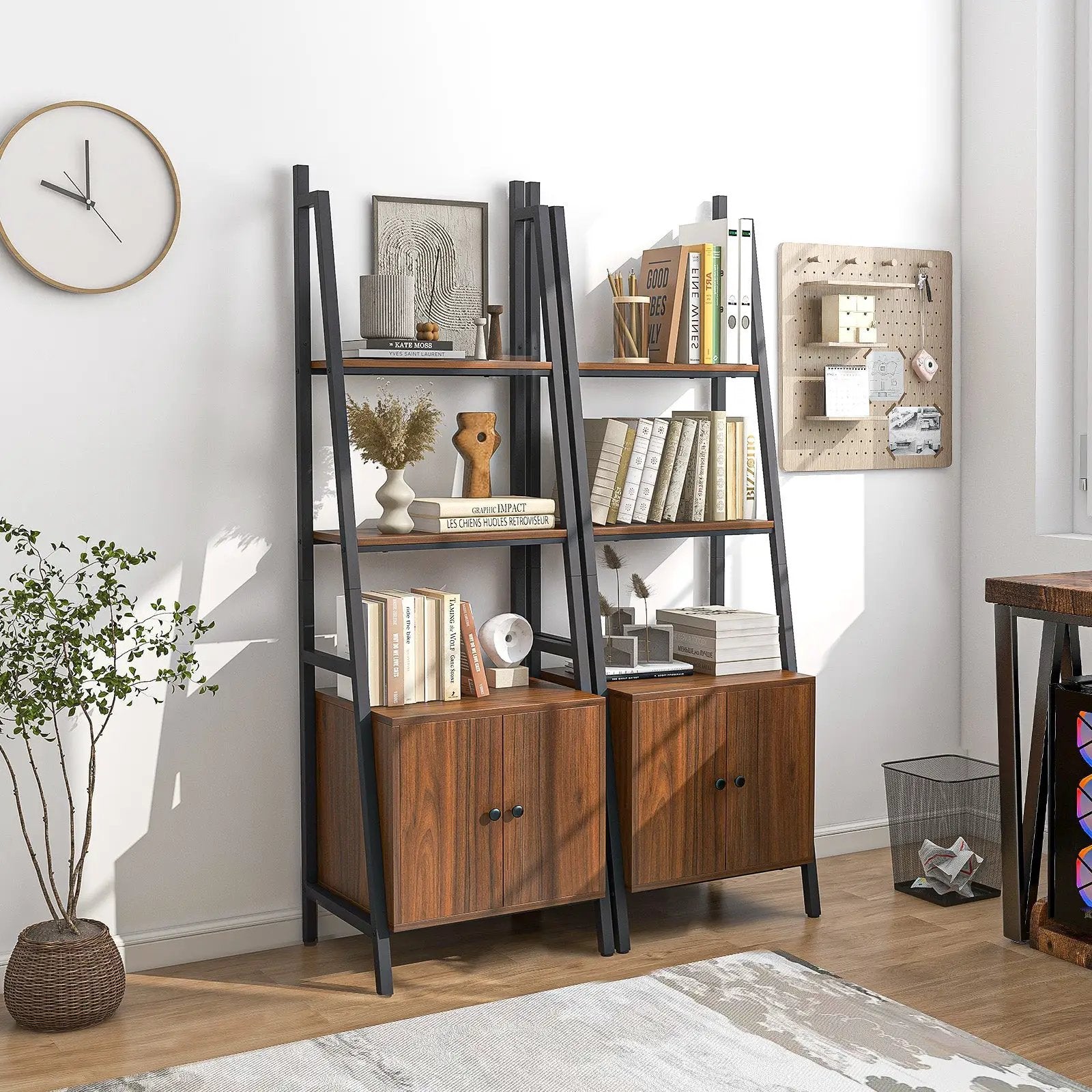 4-Tier Ladder Shelf with Cabinet and Metal Frame-Rustic Brown by DirectDeals