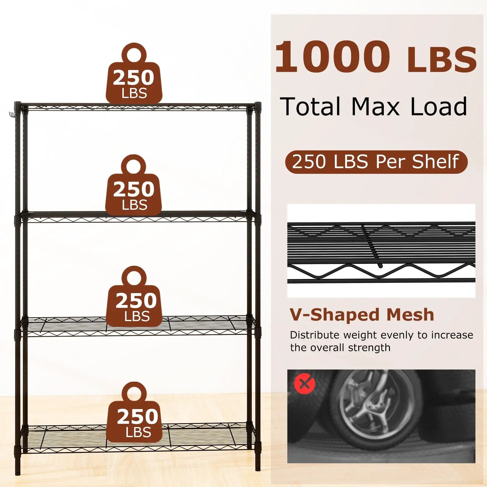 4-Tier Metal Storage Shelving Unit with V-Shaped Wire Rack and 1000 LBS Capacity-Black by DirectDeals