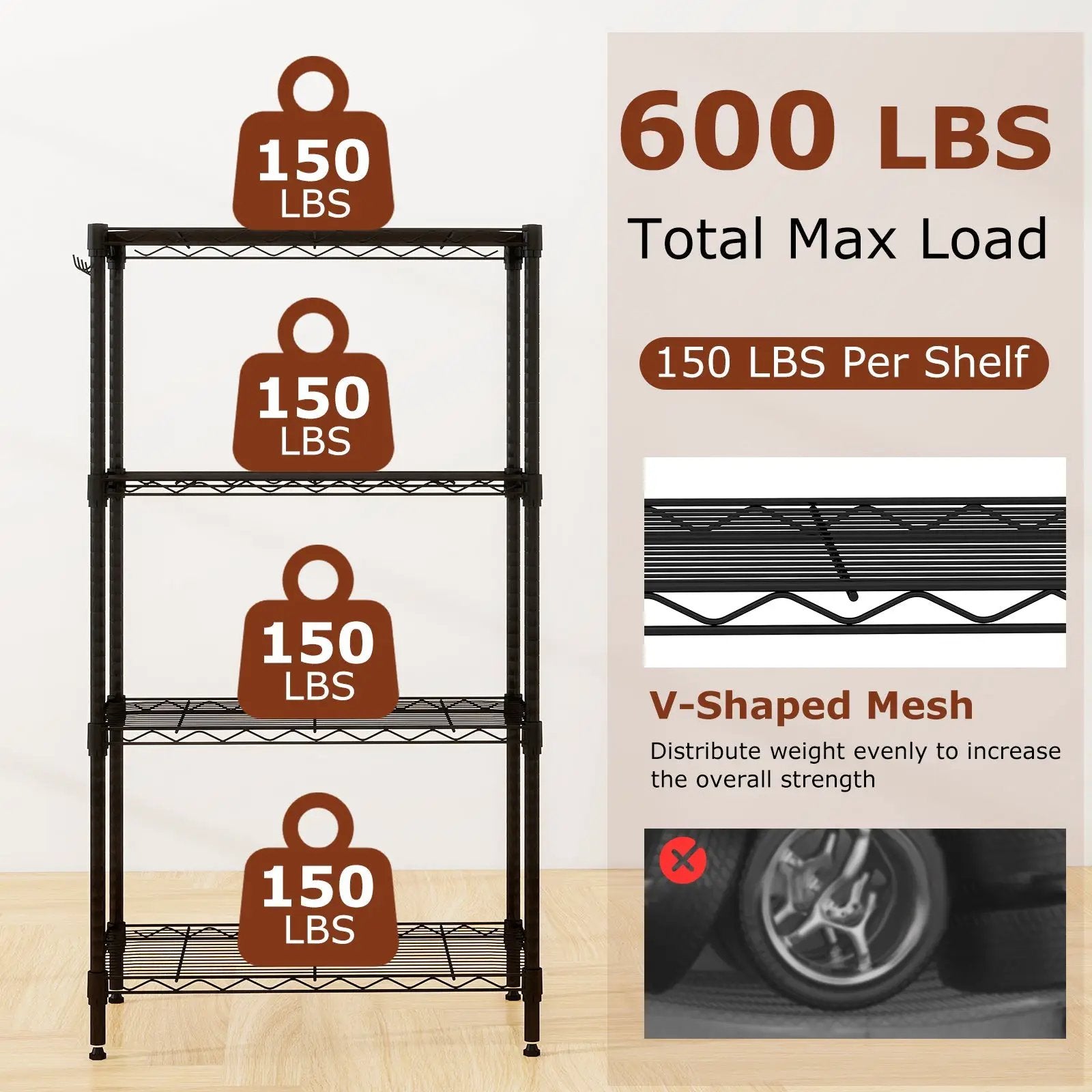 4-Tier Metal Storage Shelving Unit with V-Shaped Wire Rack and 600 LBS Capacity-Black by DirectDeals
