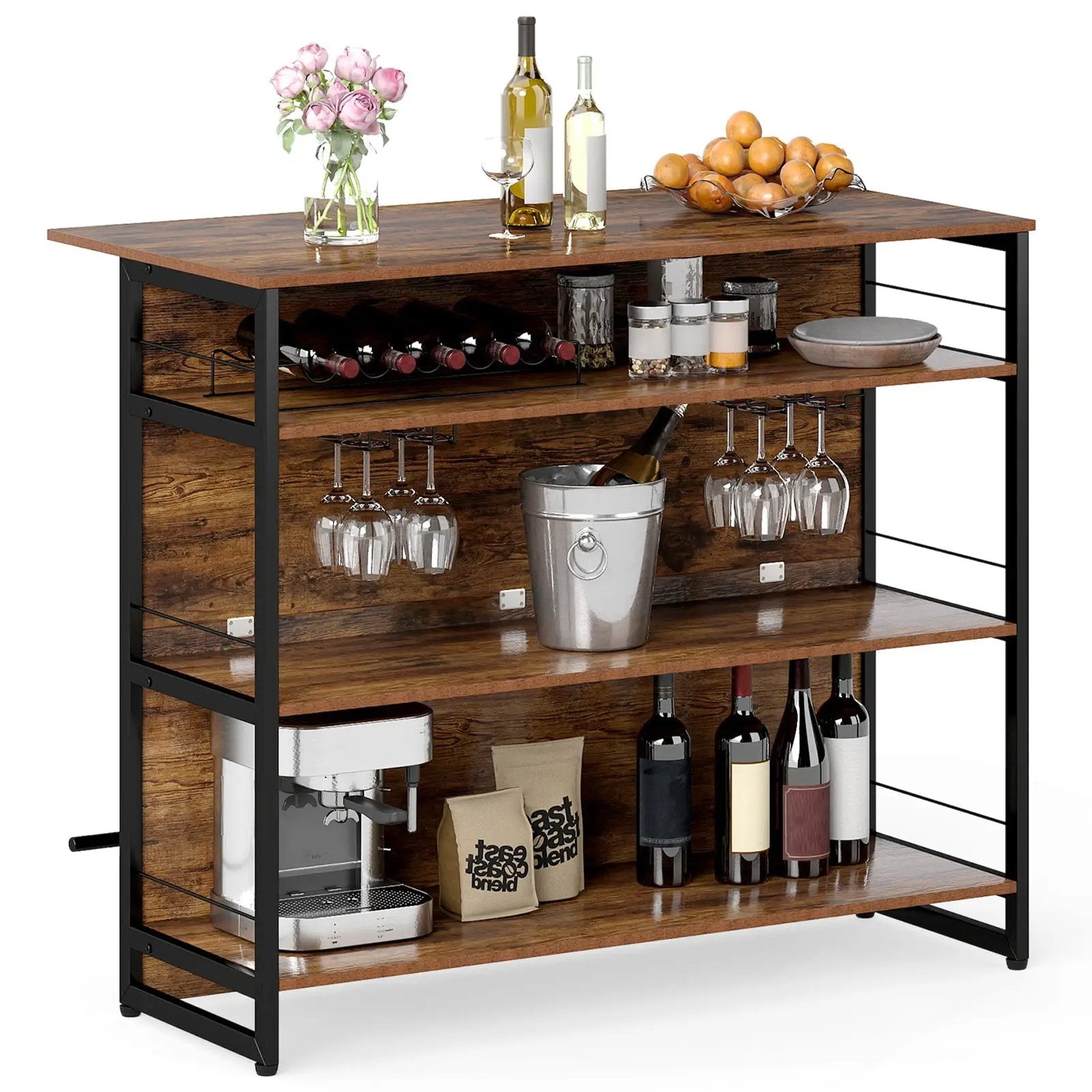 4-Tier Mini Bar Kitchen Island with Footrest and Wine Rack-Coffee by DirectDeals