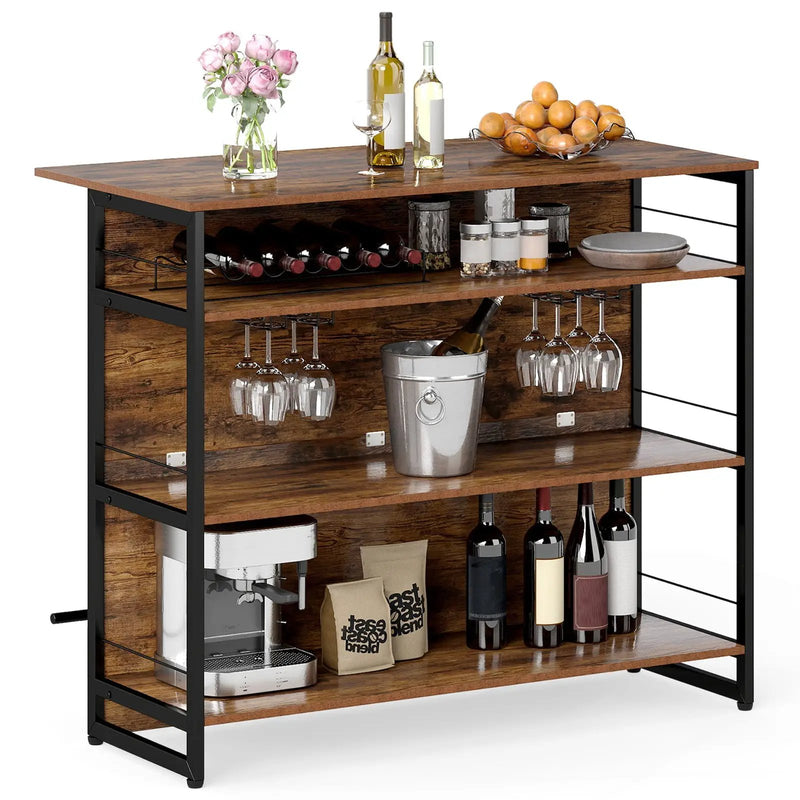 4-Tier Mini Bar Kitchen Island with Footrest and Wine Rack-Coffee by DirectDeals