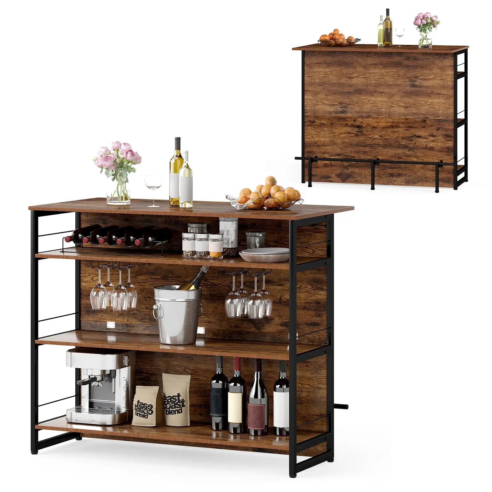 4-Tier Mini Bar Kitchen Island with Footrest and Wine Rack-Coffee by DirectDeals