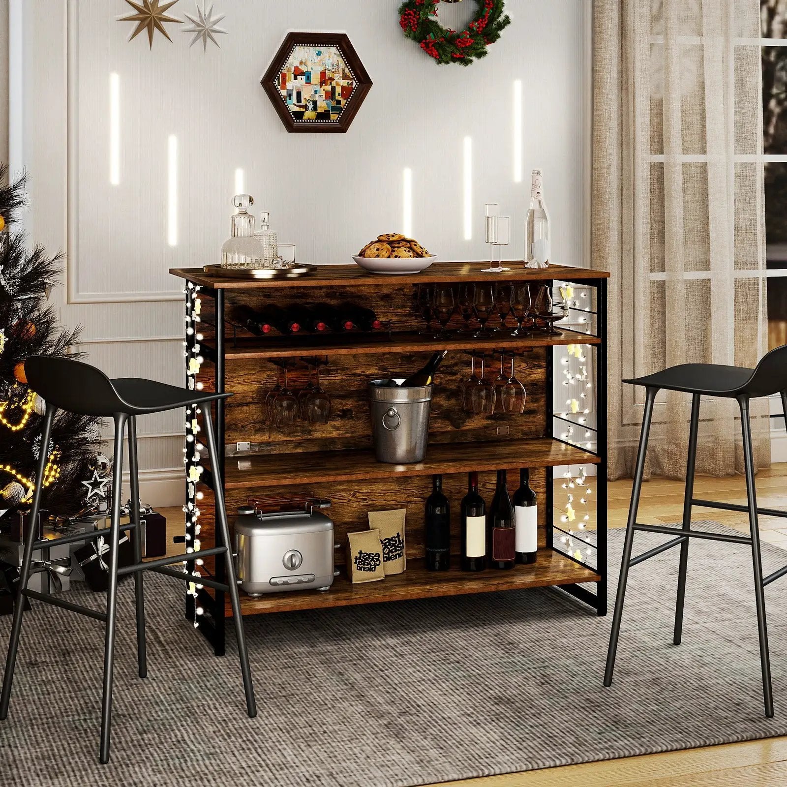 4-Tier Mini Bar Kitchen Island with Footrest and Wine Rack-Coffee by DirectDeals