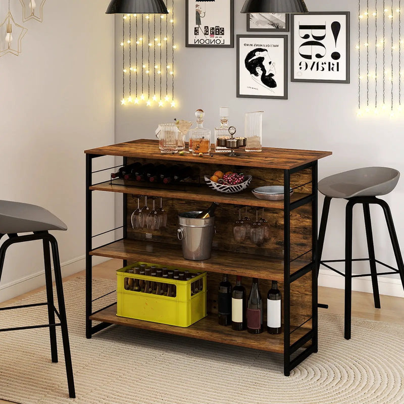 4-Tier Mini Bar Kitchen Island with Footrest and Wine Rack-Coffee by DirectDeals