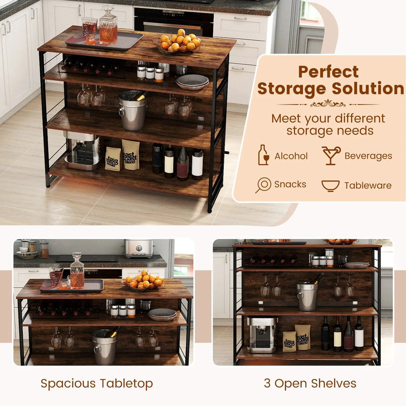 4-Tier Mini Bar Kitchen Island with Footrest and Wine Rack-Coffee by DirectDeals
