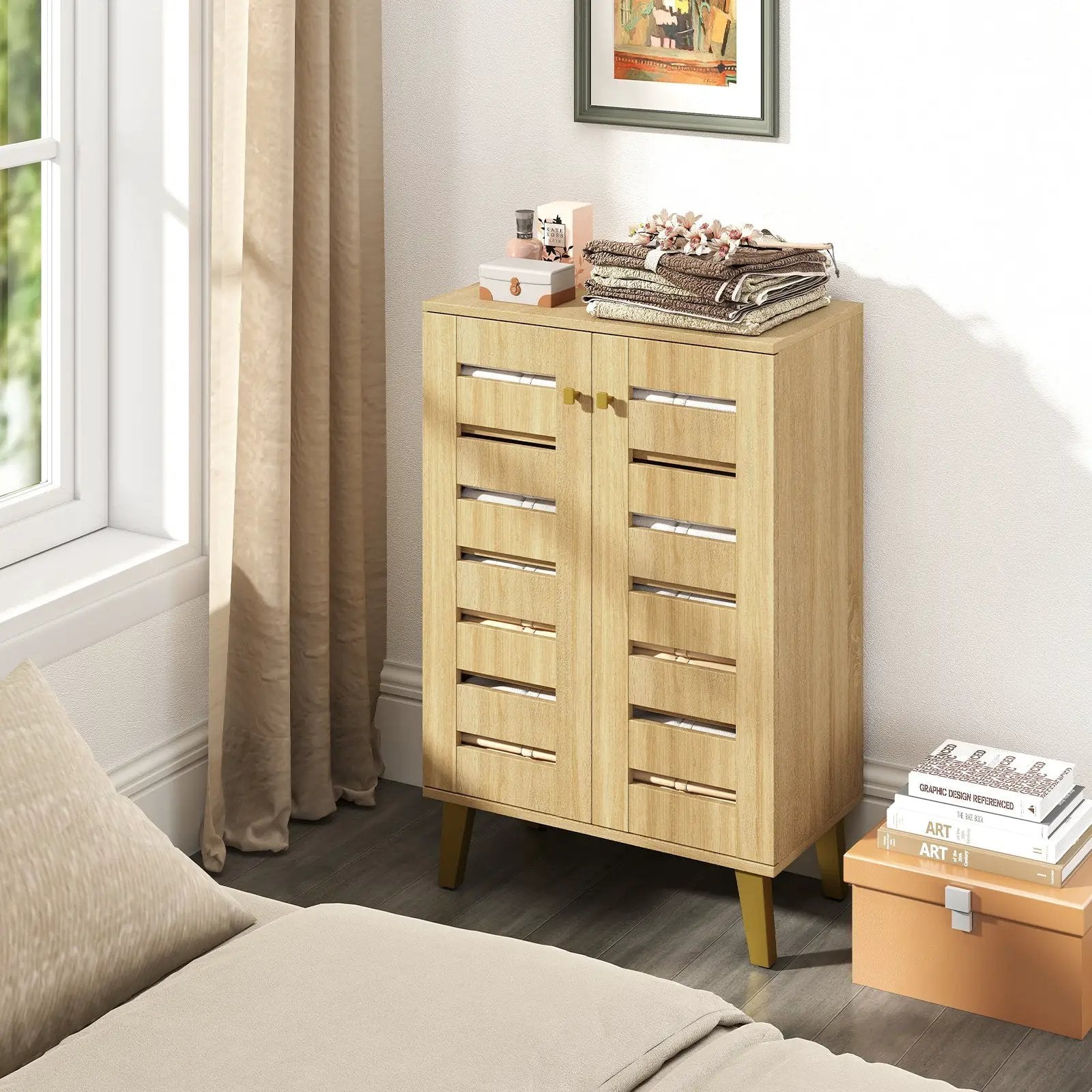 4-Tier Modern Freestanding Wooden Shoe Cabinet with Doors and Removable Shelves-Oak by DirectDeals
