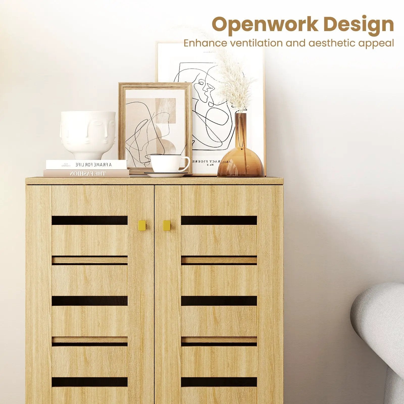 4-Tier Modern Freestanding Wooden Shoe Cabinet with Doors and Removable Shelves-Oak by DirectDeals