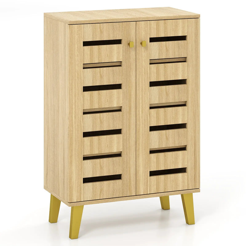 4-Tier Modern Freestanding Wooden Shoe Cabinet with Doors and Removable Shelves-Oak by DirectDeals