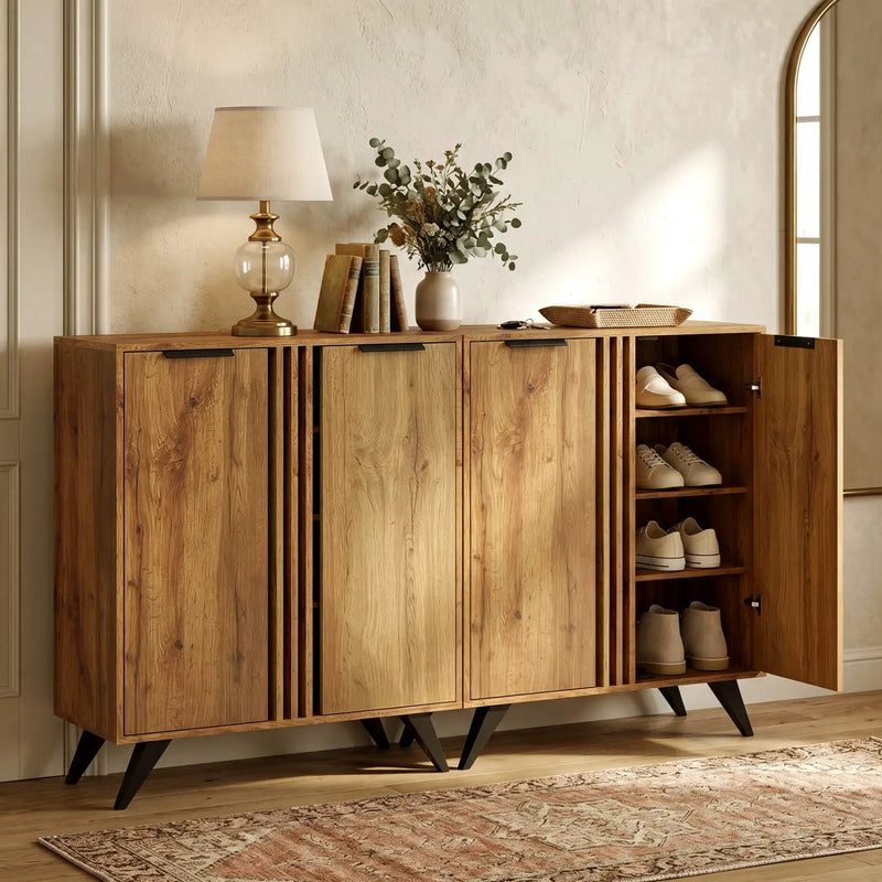 4-Tier Shoe Cabinet with 2 Doors - Natural Wood Finish by DirectDeals