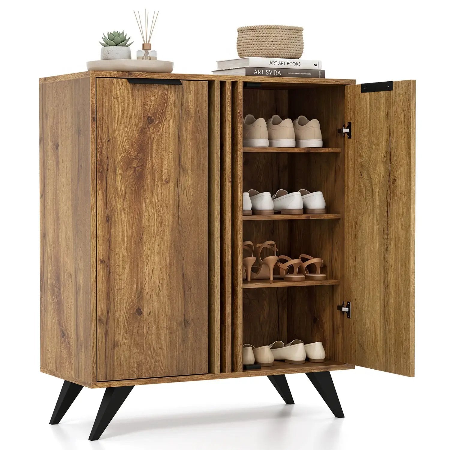4-Tier Shoe Cabinet with 2 Doors - Natural Wood Finish by DirectDeals