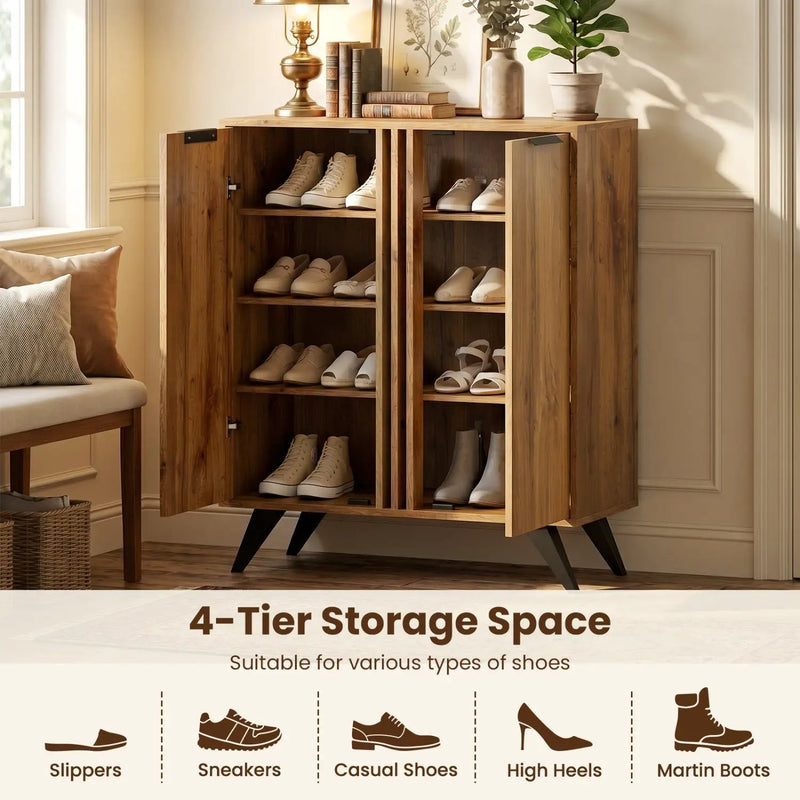 4-Tier Shoe Cabinet with 2 Doors - Natural Wood Finish by DirectDeals