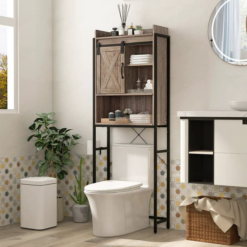 4-Tier Multifunctional Toilet Sorage Cabinet with Adjustable Shelf and Sliding Barn Door by DirectDeals