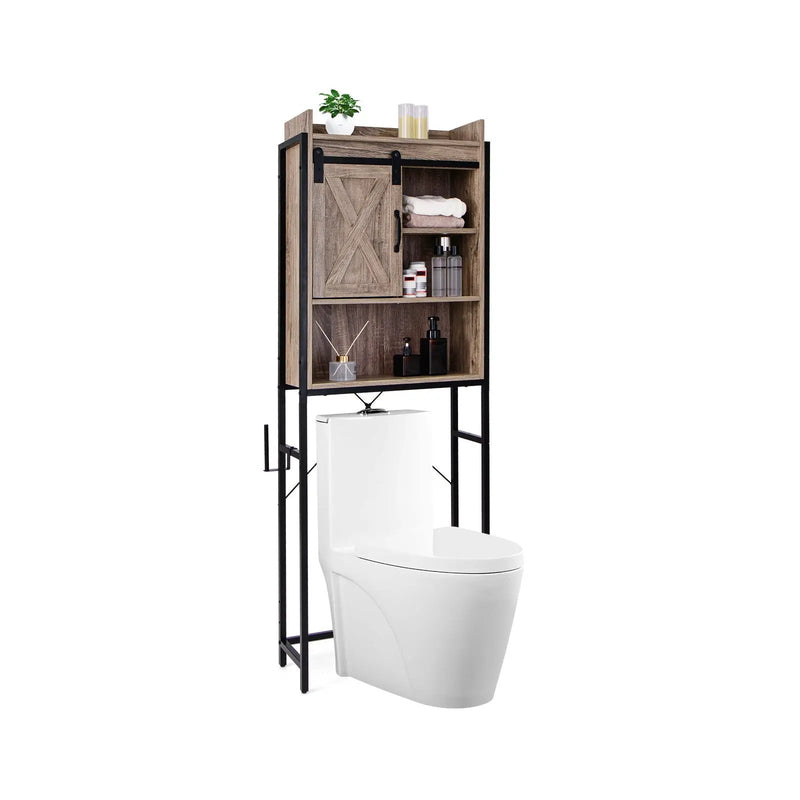 4-Tier Multifunctional Toilet Sorage Cabinet with Adjustable Shelf and Sliding Barn Door by DirectDeals