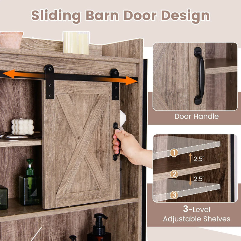 4-Tier Multifunctional Toilet Sorage Cabinet with Adjustable Shelf and Sliding Barn Door by DirectDeals