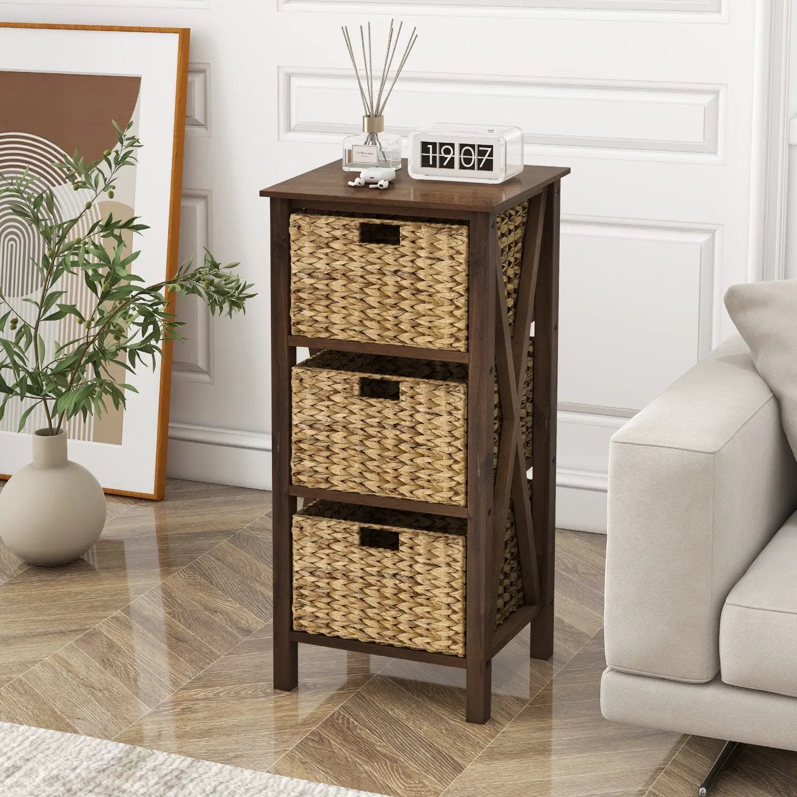 3/4-Tier Nightstand with 2 Seagrass Baskets Narrow X-Design-3 by DirectDeals
