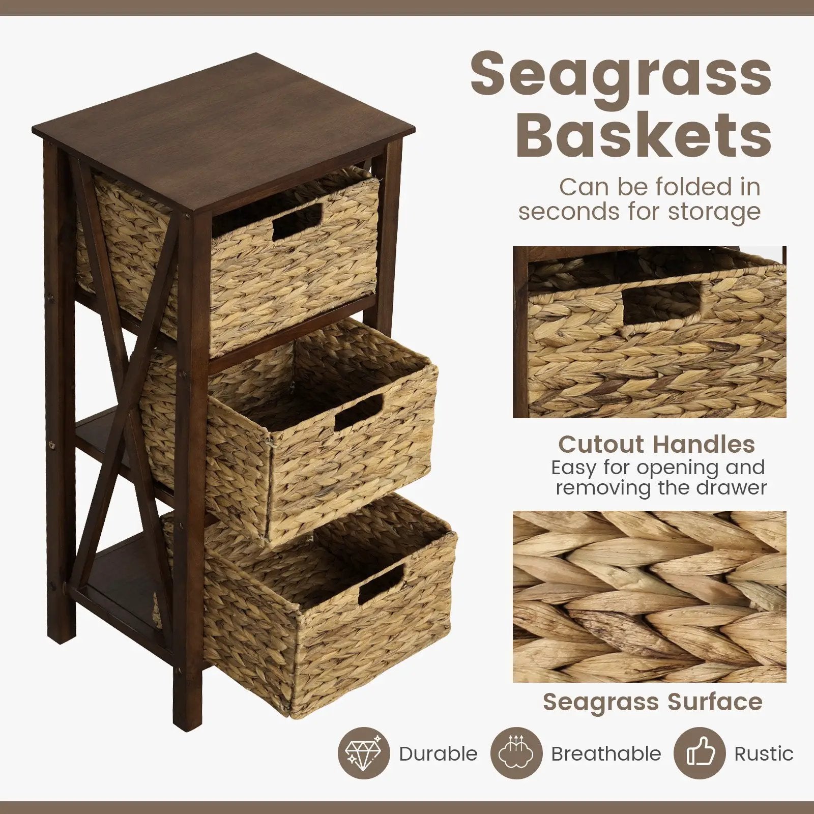 3/4-Tier Nightstand with 2 Seagrass Baskets Narrow X-Design-3 by DirectDeals