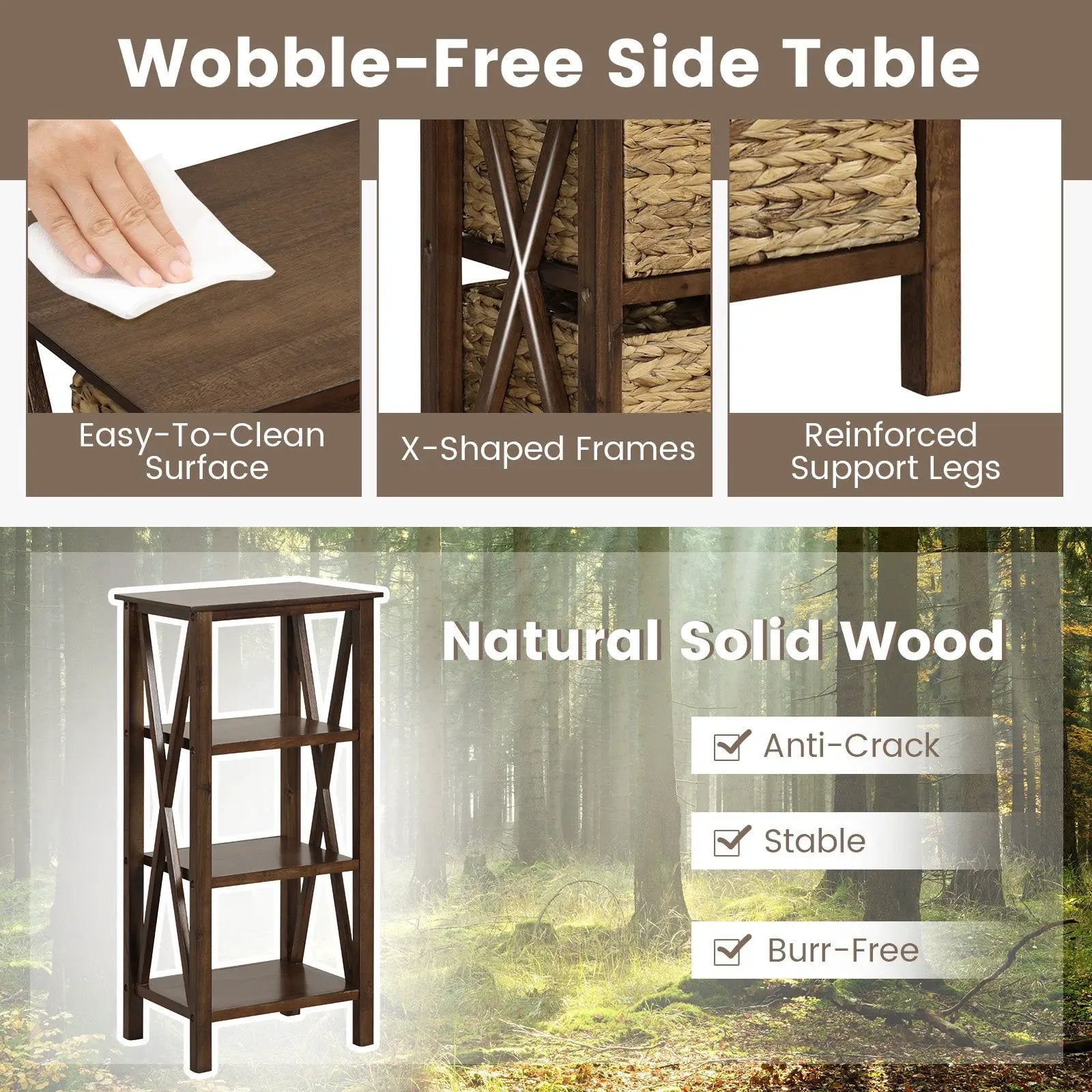 3/4-Tier Nightstand with 2 Seagrass Baskets Narrow X-Design-3 by DirectDeals