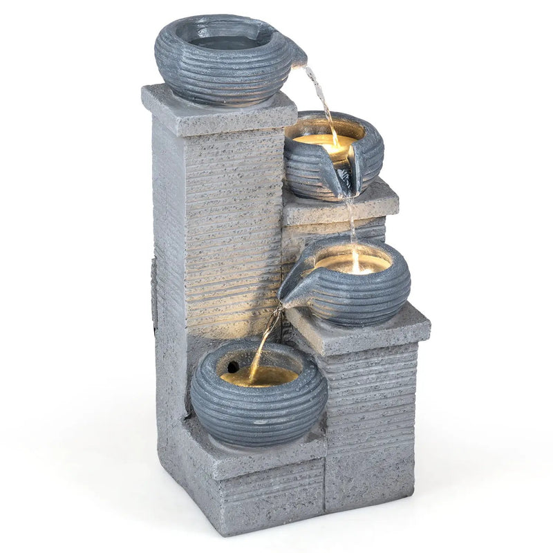 4-Tier Outdoor Water Fountain Cascading Bowl Waterfall Fountain with LED Lights by DirectDeals