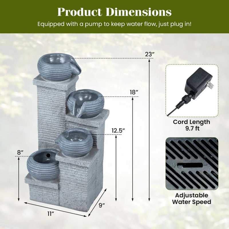4-Tier Outdoor Water Fountain Cascading Bowl Waterfall Fountain with LED Lights by DirectDeals