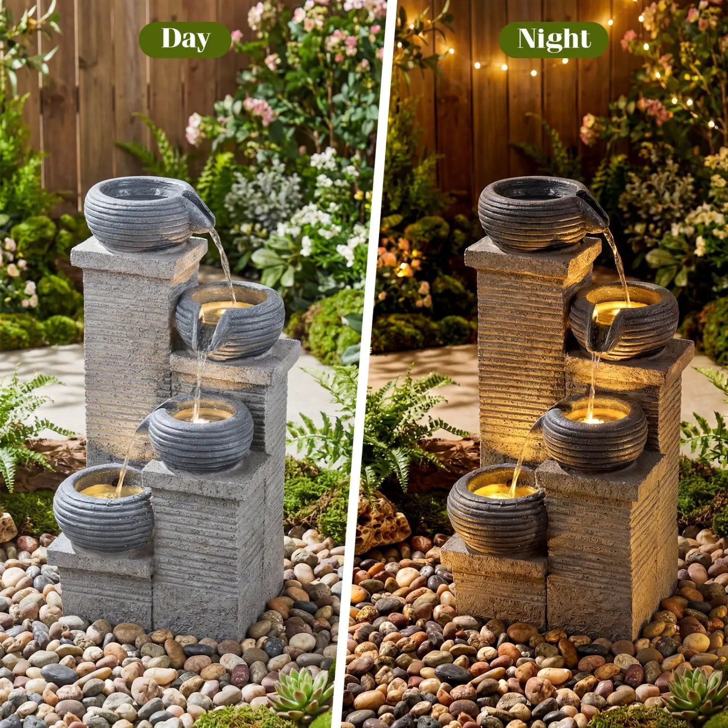 4-Tier Outdoor Water Fountain Cascading Bowl Waterfall Fountain with LED Lights by DirectDeals