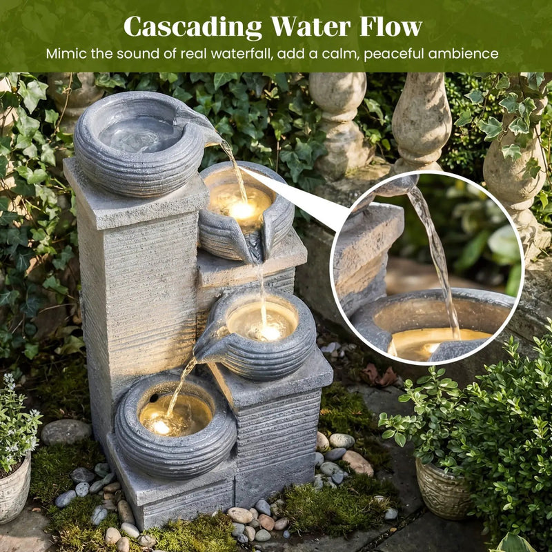4-Tier Outdoor Water Fountain Cascading Bowl Waterfall Fountain with LED Lights by DirectDeals