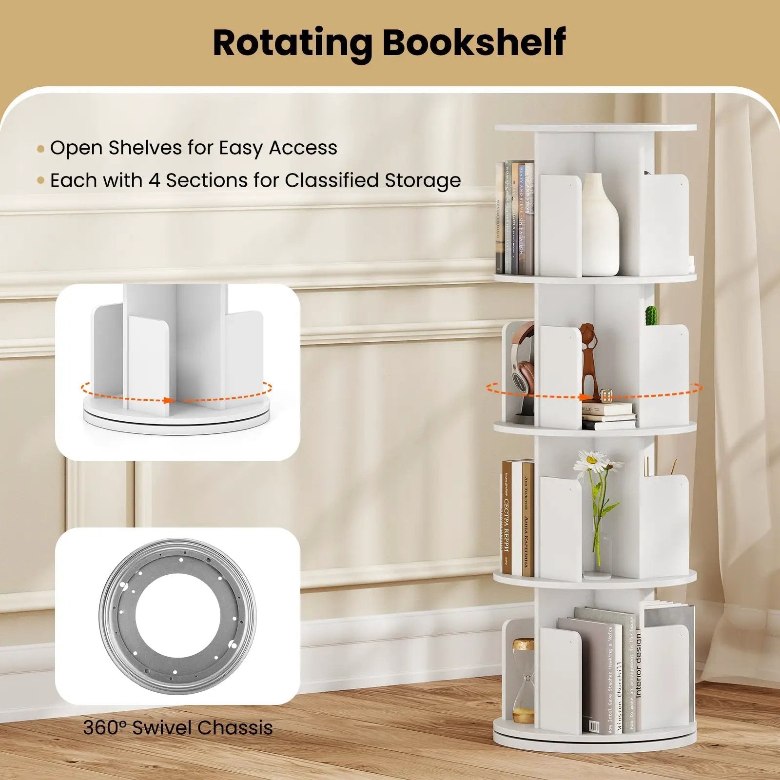 4-Tier Rotating Bookshelf 360¬∞ Display Rack with Dividers and Anti-falling Baffles by DirectDeals