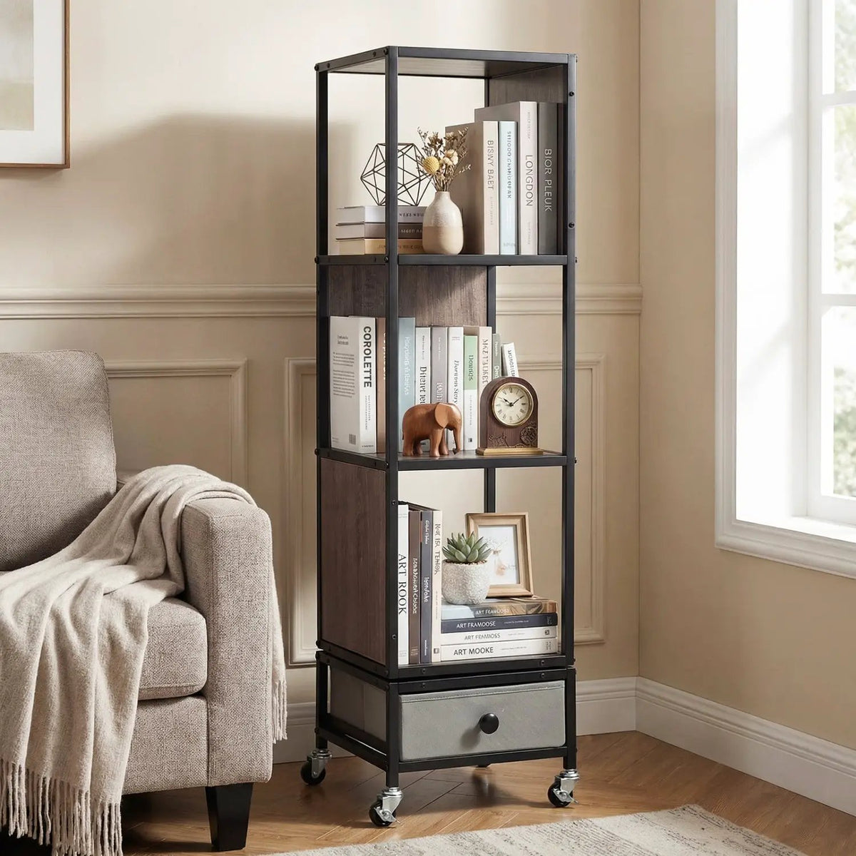 4-Tier Rotating Bookshelf on Wheels with Removable Drawer, photo 9 of 16