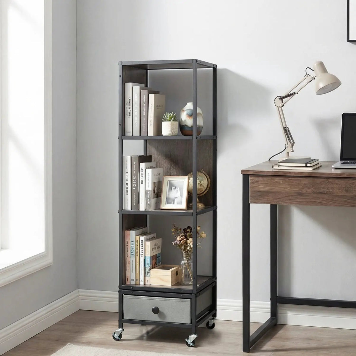 4-Tier Rotating Bookshelf on Wheels with Removable Drawer, photo 10 of 16