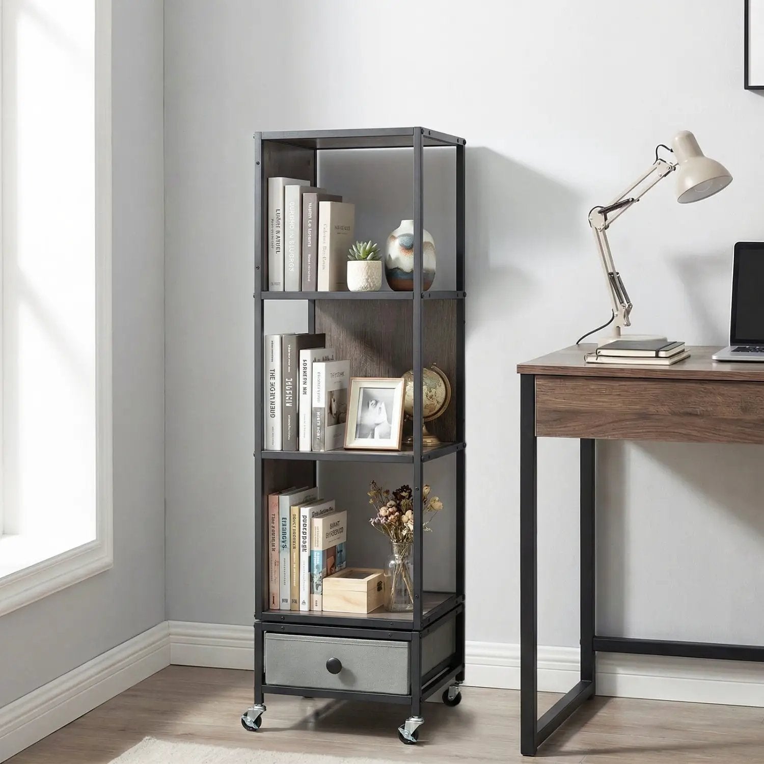 4-Tier Rotating Bookshelf on Wheels with Removable Drawer by DirectDeals