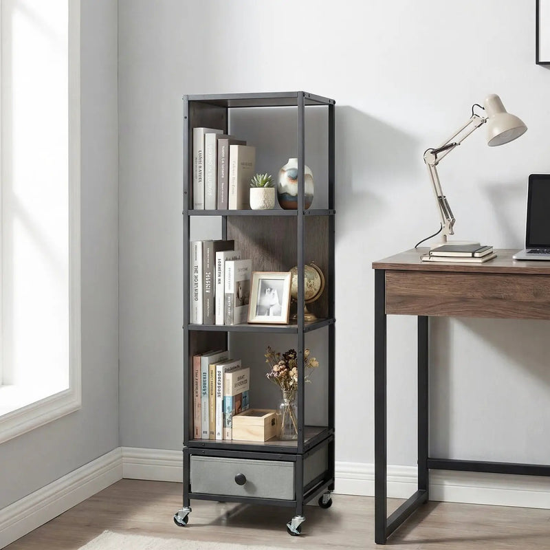 4-Tier Rotating Bookshelf on Wheels with Removable Drawer by DirectDeals