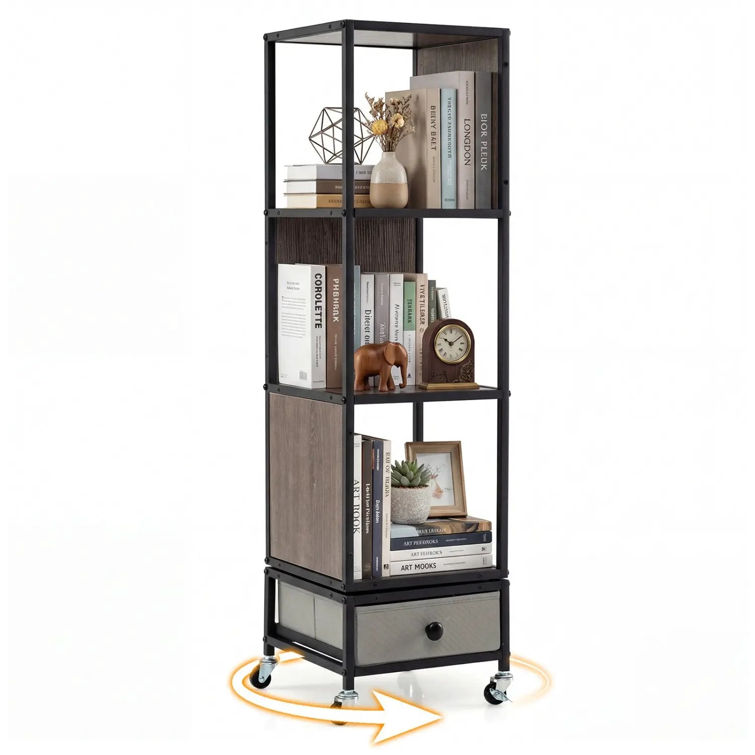 4-Tier Rotating Bookshelf on Wheels with Removable Drawer by DirectDeals