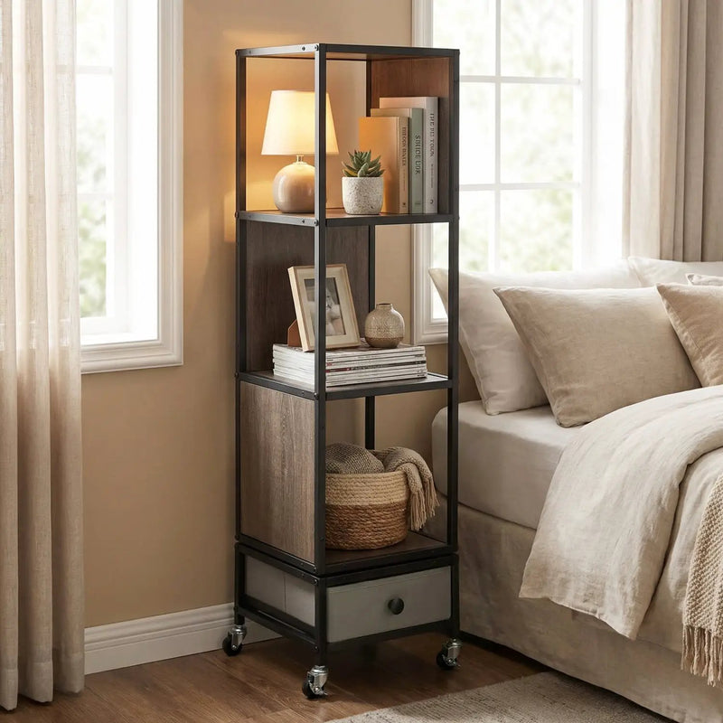 4-Tier Rotating Bookshelf on Wheels with Removable Drawer by DirectDeals