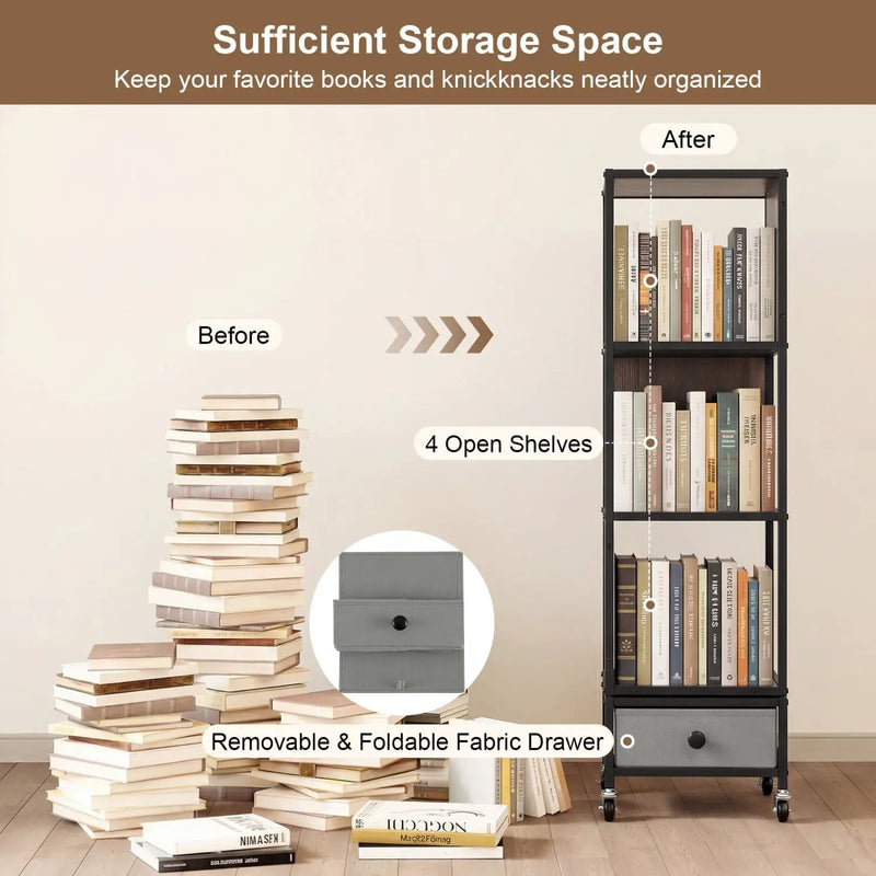 4-Tier Rotating Bookshelf on Wheels with Removable Drawer by DirectDeals