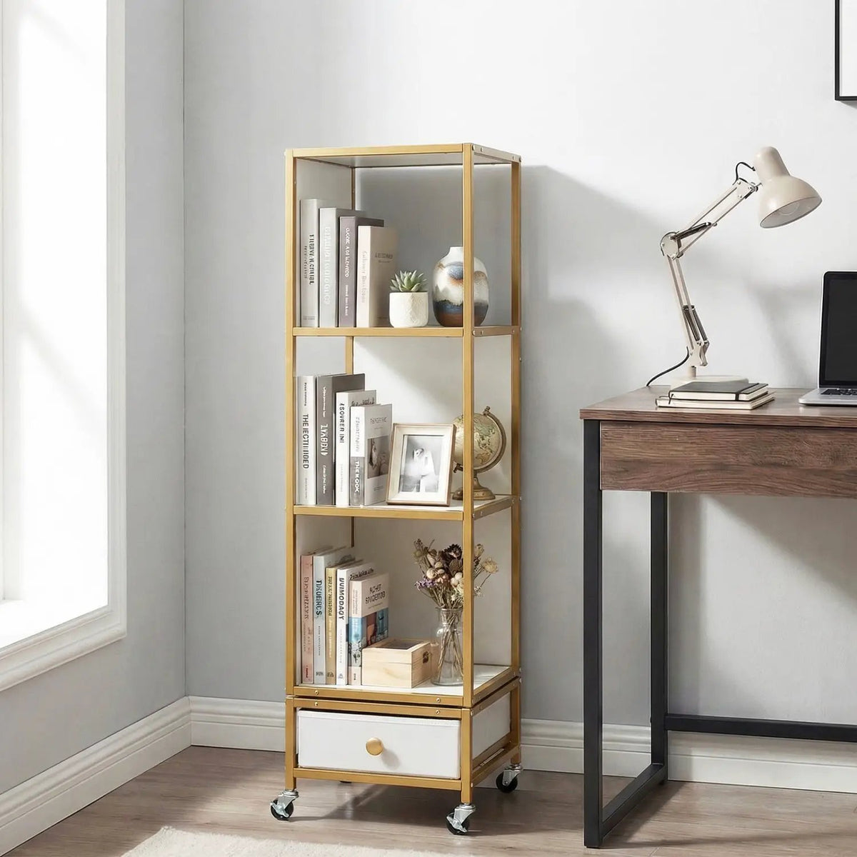 4-Tier Rotating Bookshelf on Wheels with Removable Drawer, photo 2 of 16