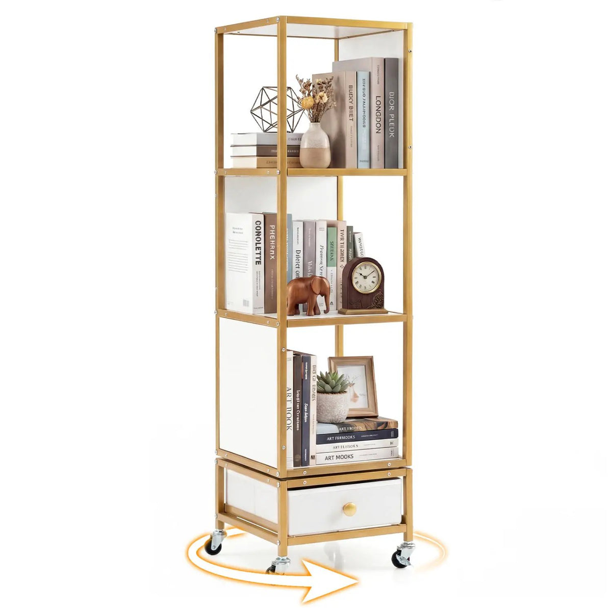 4-Tier Rotating Bookshelf on Wheels with Removable Drawer, photo 3 of 16