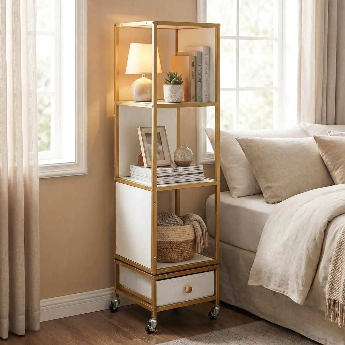 4-Tier Rotating Bookshelf on Wheels with Removable Drawer, photo 6 of 16