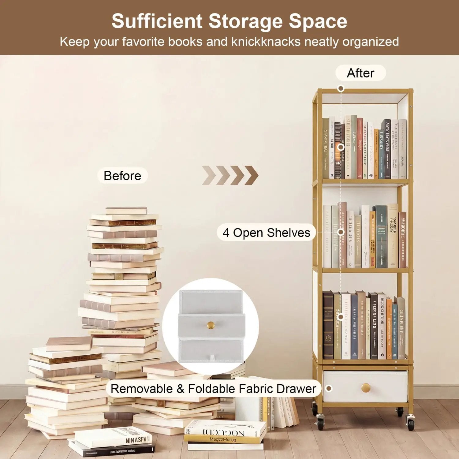 4-Tier Rotating Bookshelf on Wheels with Removable Drawer by DirectDeals