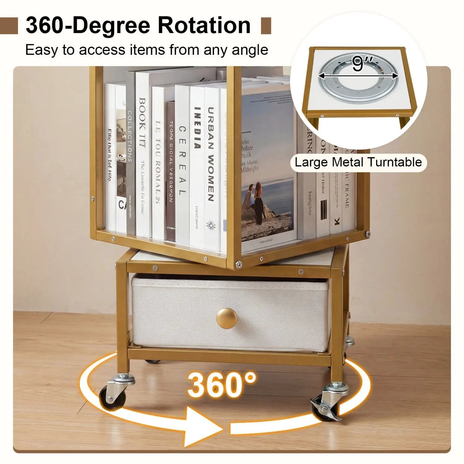 4-Tier Rotating Bookshelf on Wheels with Removable Drawer by DirectDeals