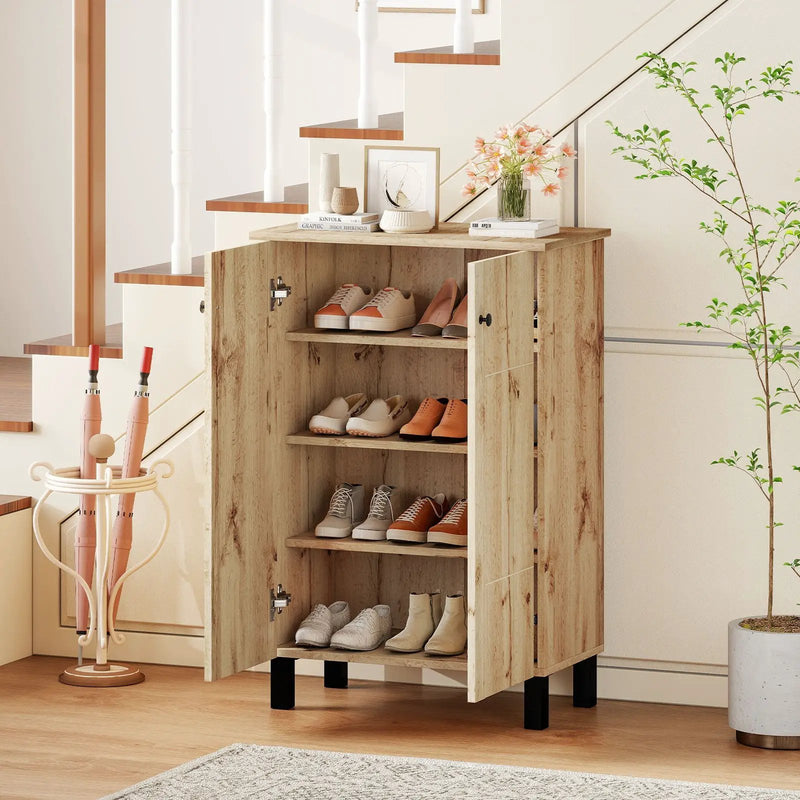 4-Tier Shoe Organizer with Removable Shelves and 2 Doors-Natural by DirectDeals