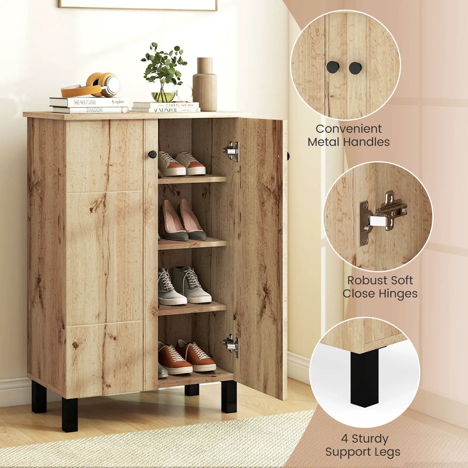 4-Tier Shoe Organizer with Removable Shelves and 2 Doors-Natural by DirectDeals