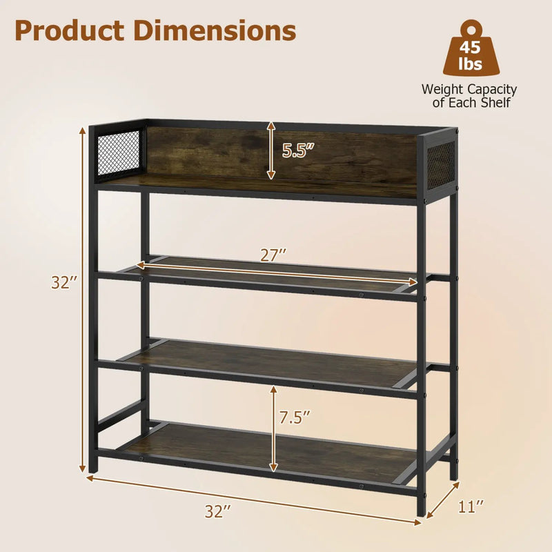 4-Tier Shoe Rack Industrial Shoe Organizer with Heavy Duty Metal Frame by DirectDeals