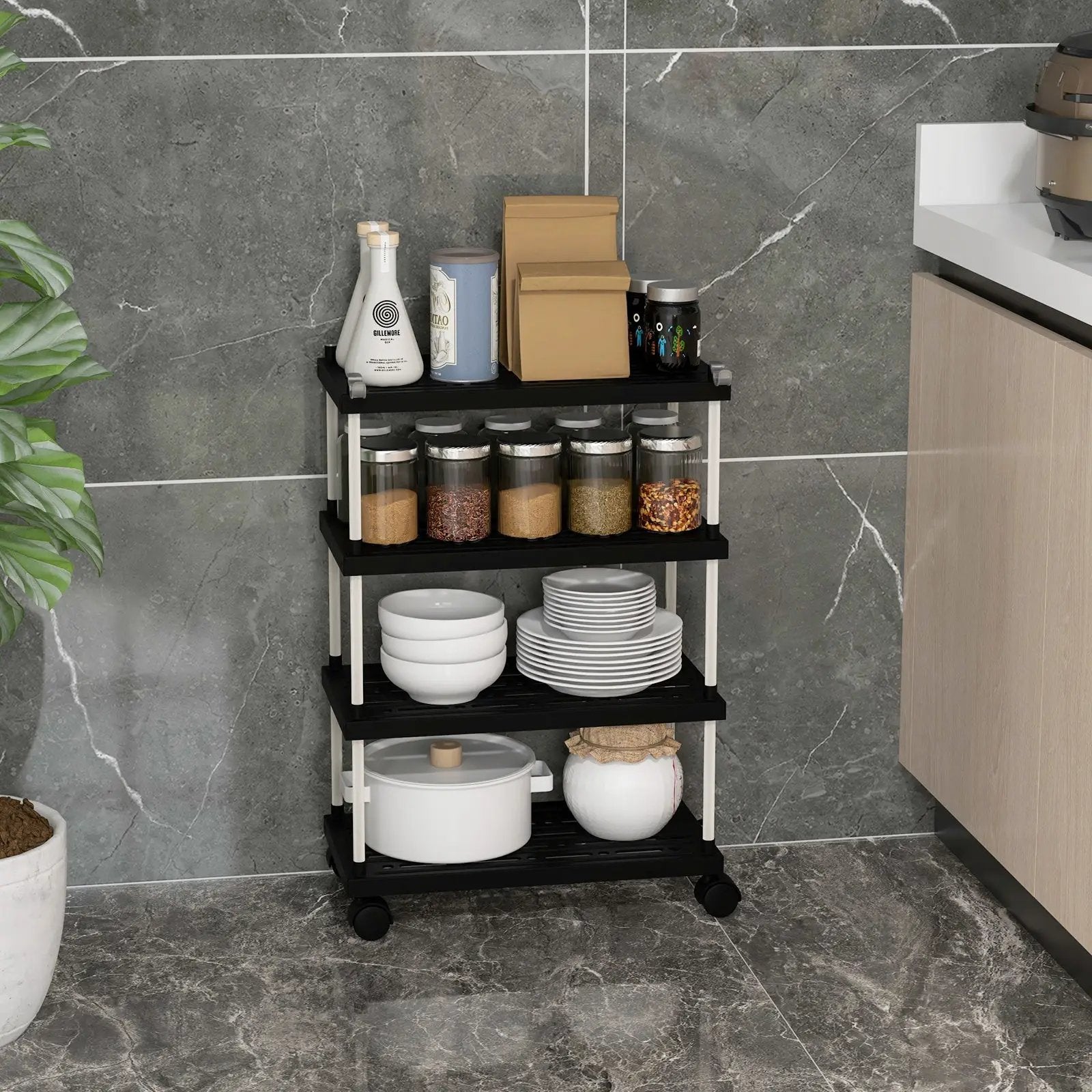 4-Tier Kitchen Slim Storage Cart with Lockable Wheels-Black by DirectDeals