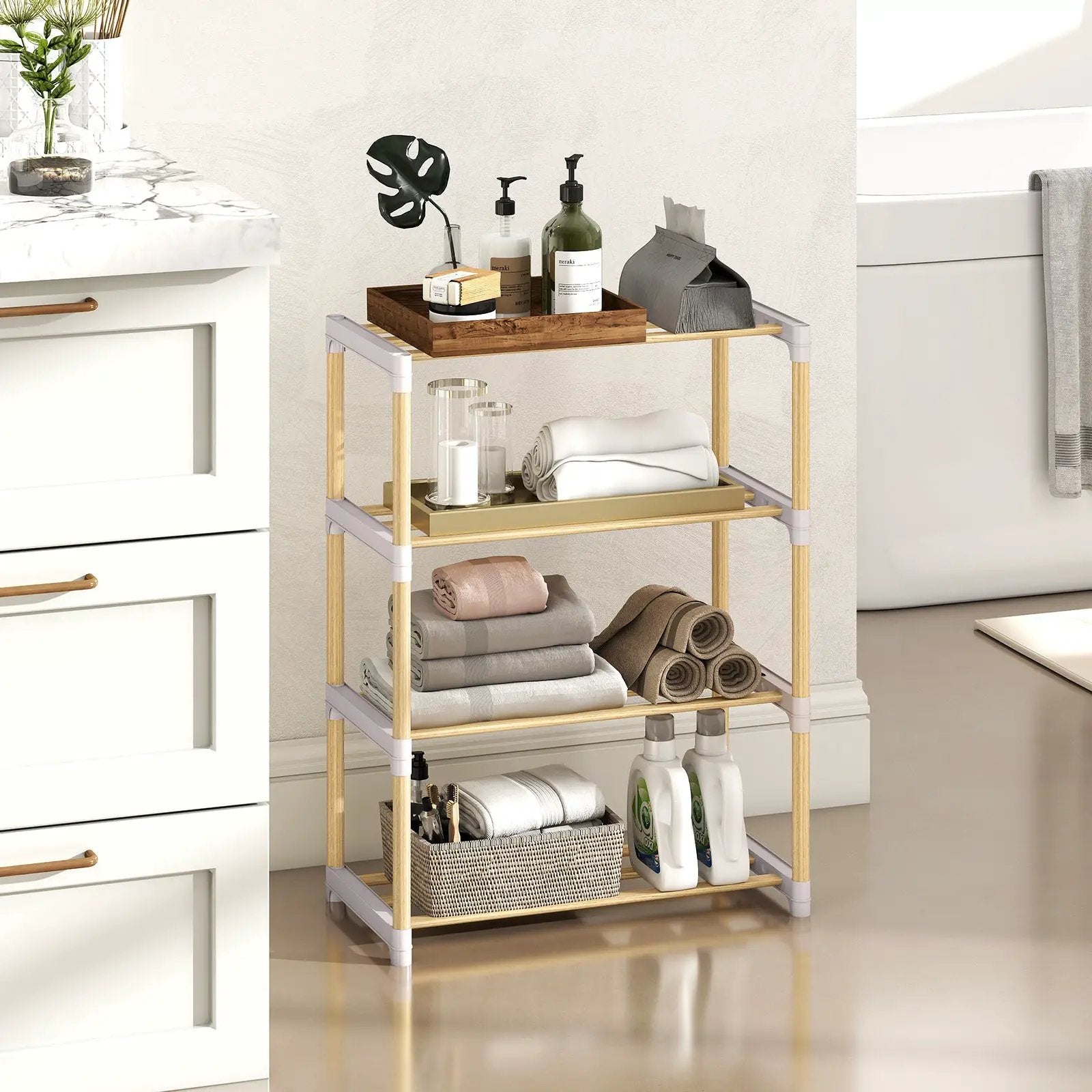 4-Tier Solid Wood Shoe Rack with Slatted Open Shelves-Gray by DirectDeals