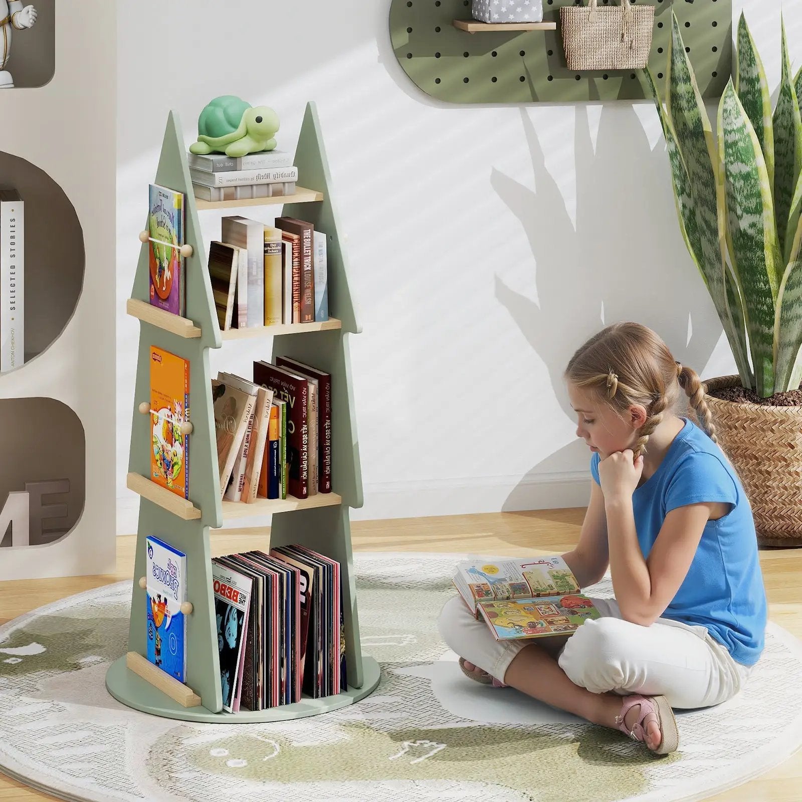 4 Tier Tree Shape Kids Rotating Bookshelf 360¬∞ Display Rack Storage Organizer-Green by DirectDeals