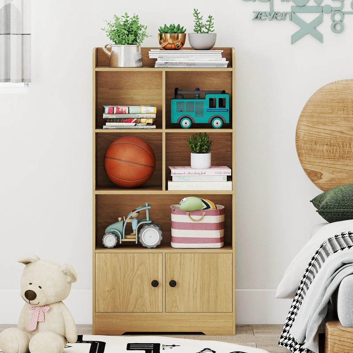 4 Tiers Bookshelf with 4 Cubes Display Shelf and 2 Doors, photo 5 of 24